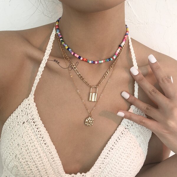 

2pcs Lock Charm Necklaces, Multicolor