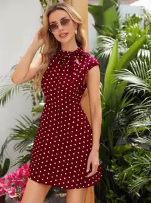 SHEIN Clasi Đầm Dây kéo Chấm bi Boho - Màu Đỏ Sâu - Xem 1