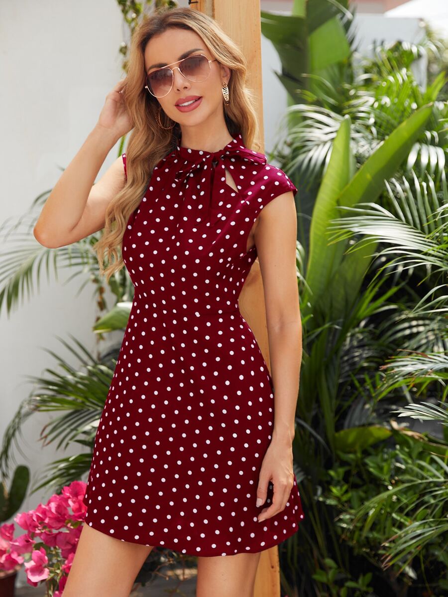 SHEIN Clasi Đầm Dây kéo Chấm bi Boho - Màu Đỏ Sâu - Xem 1