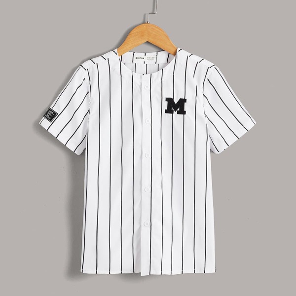 

Boys Vertical Stripe Letter Embroidery Shirt, White