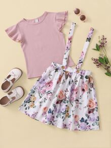 SHEIN Girls Layered Flutter Sleeve Tee and Floral Pinafore Skirt Set