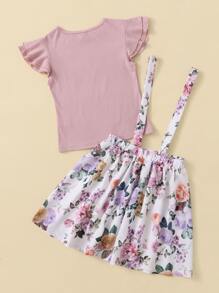 SHEIN Girls Layered Flutter Sleeve Tee and Floral Pinafore Skirt Set