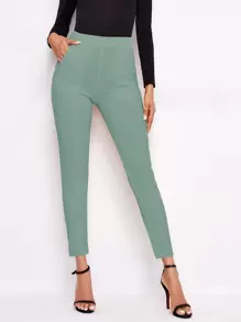 SHEIN Essnce Pantalones ajustados unicolor con bolsillo oblicuo - Verde - Ver 1