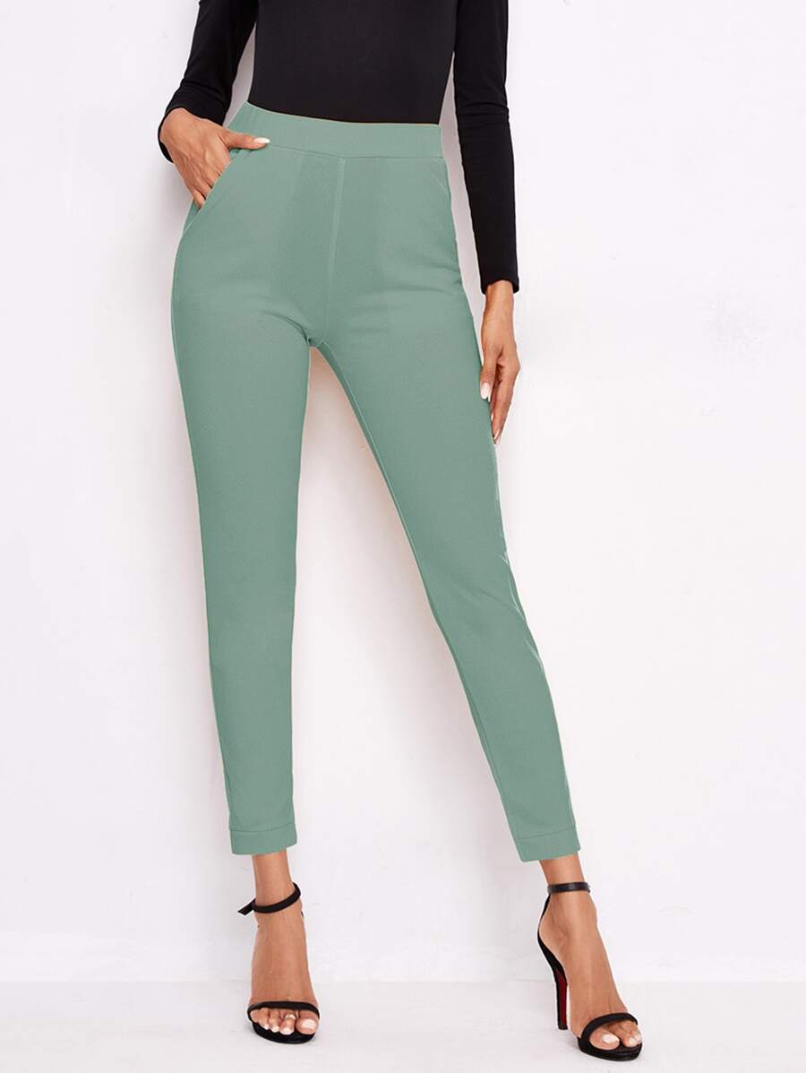 SHEIN Essnce Pantalones ajustados unicolor con bolsillo oblicuo - Verde - Ver 1