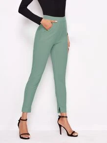 SHEIN Essnce Pantalones ajustados unicolor con bolsillo oblicuo - Verde - Ver 3