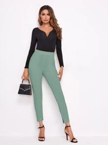 SHEIN Essnce Pantalones ajustados unicolor con bolsillo oblicuo - Verde - Ver 5