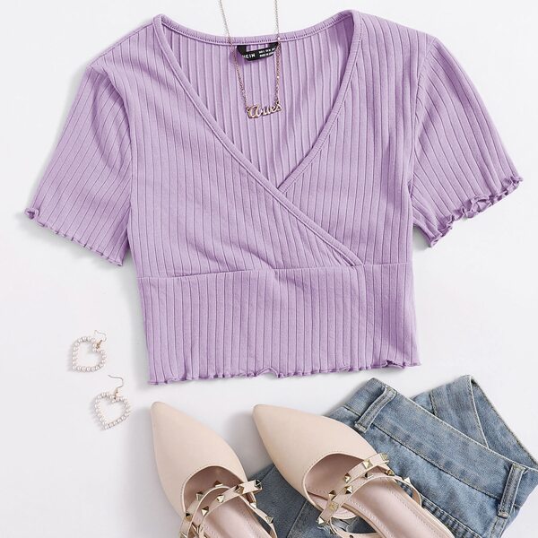 

Surplice Neck Rib-knit Solid Tee, Lilac purple