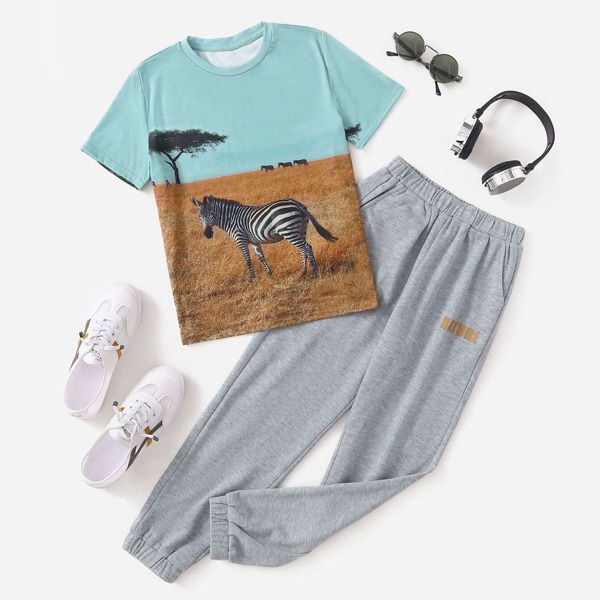 

Boys Zebra And Tree Print Tee & Letter Graphic Sweatpants, Multicolor