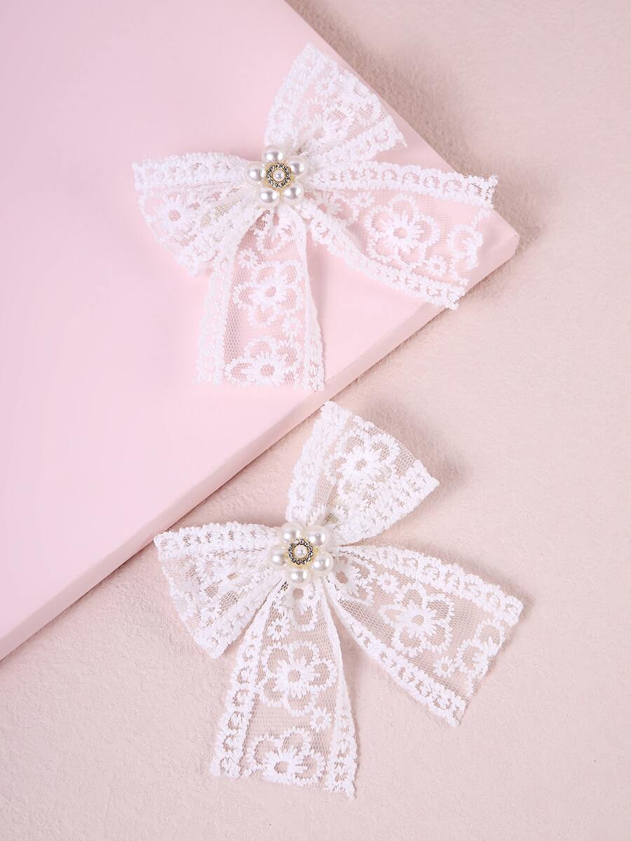 2个少女蝴蝶结装饰发夹 - 白色 - 查看 1