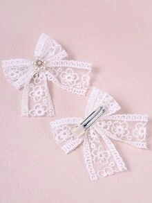 2个少女蝴蝶结装饰发夹 - 白色 - 查看 3