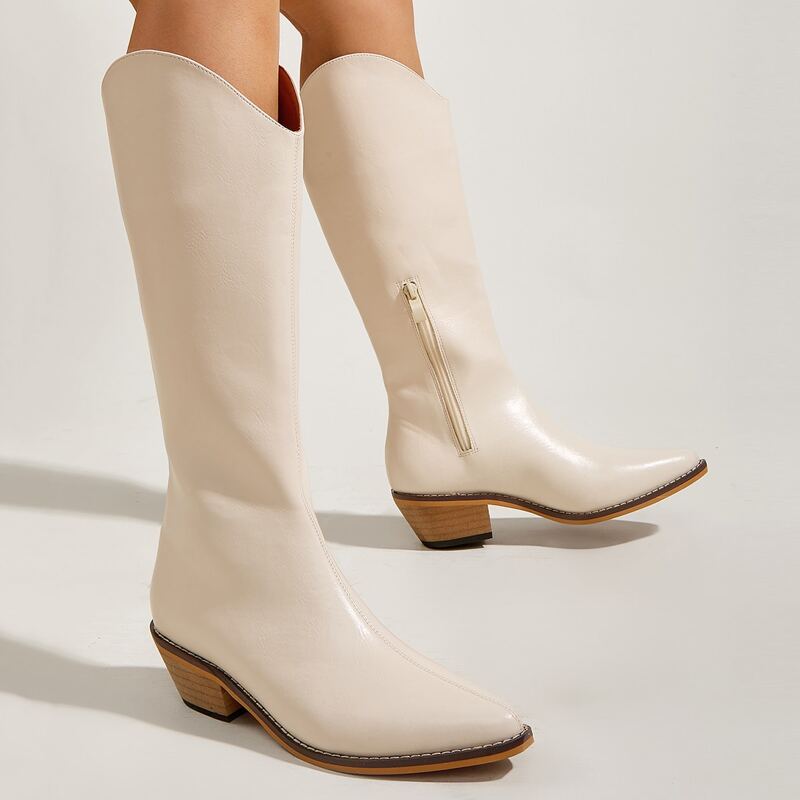 

Side Zipper Chunky Western Boots, Beige
