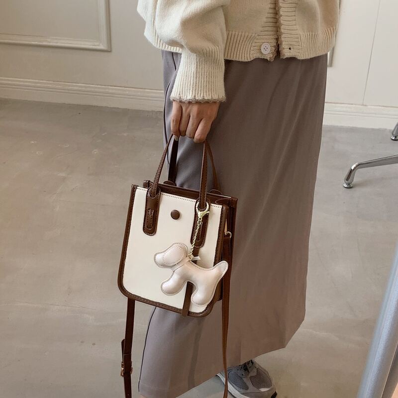 

Minimalist Satchel Bag With Dog Bag Charm, Brown