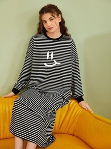 SHEIN Unity Striped Figure Graphic Drop Shoulder Sleep Dress - Black and White - View 1