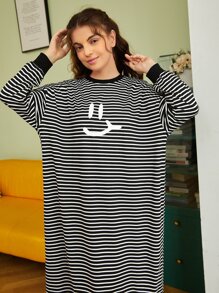 SHEIN Unity Striped Figure Graphic Drop Shoulder Sleep Dress - Black and White - View 4