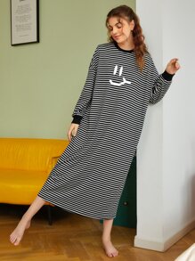 SHEIN Unity Striped Figure Graphic Drop Shoulder Sleep Dress - Black and White - View 5
