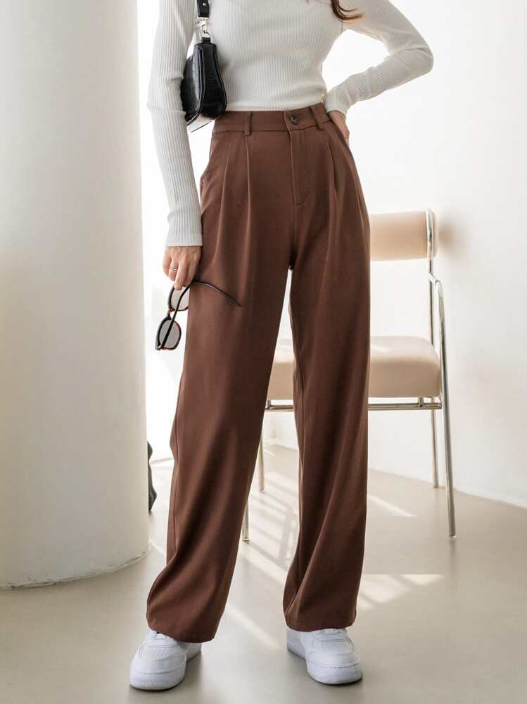DAZY Zipper Fly Solid Tailored Trousers - Coffee Brown - View 1