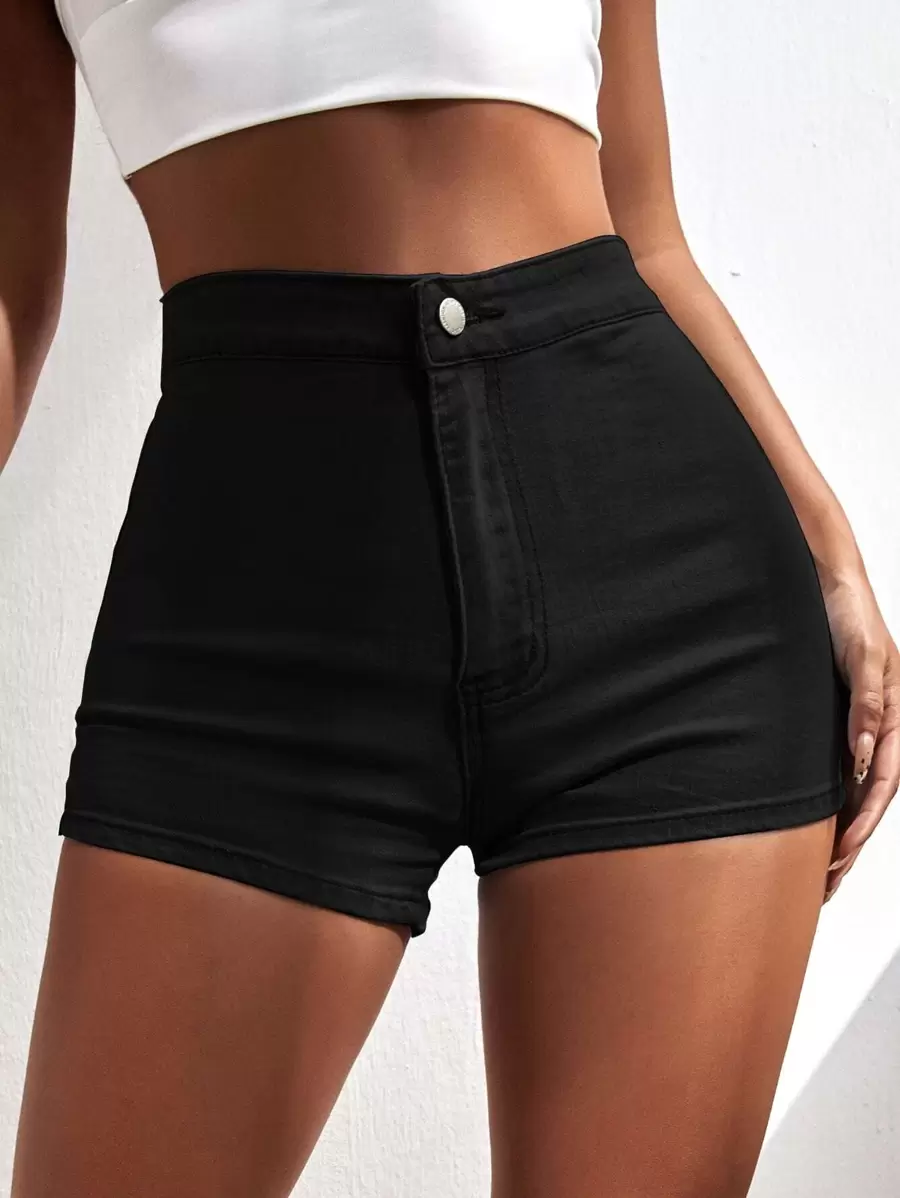 SHEIN ICON Summer Outfits High Waist Skinny Denim Shorts - Black - View 1