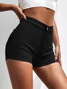 SHEIN ICON Summer Outfits High Waist Skinny Denim Shorts - Black - View 4