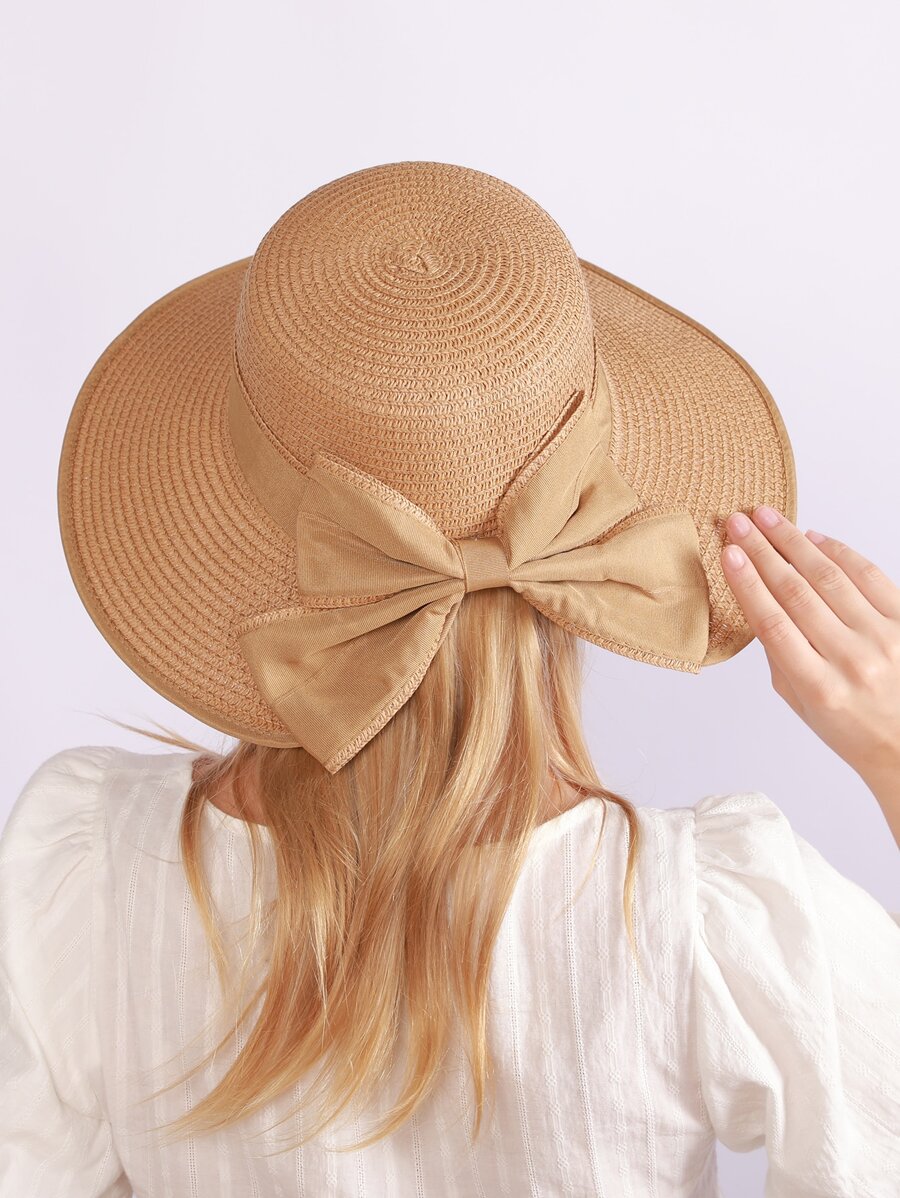 Bow Decor Straw Hat - Khaki - View 1