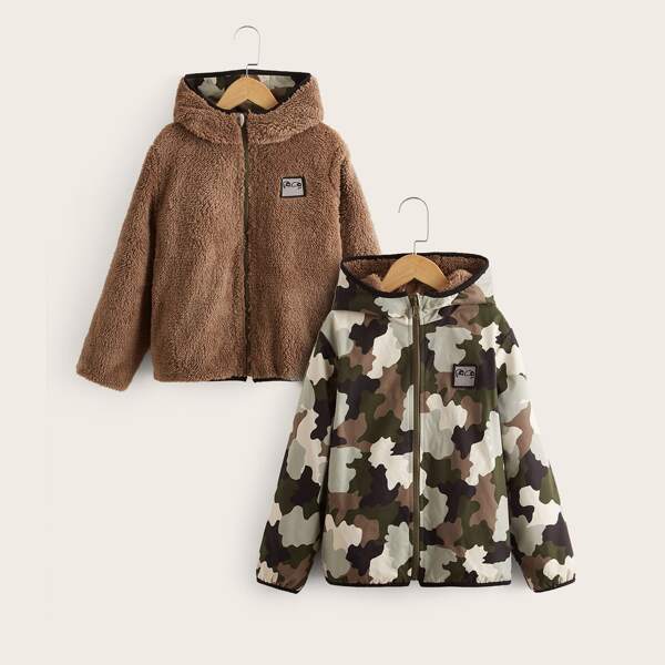 

Boys Patched Detail Camo 2 Ways Teddy Jacket, Multicolor