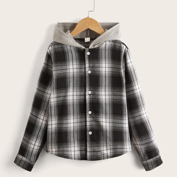 

Boys Plaid Hooded Jacket, Black and white