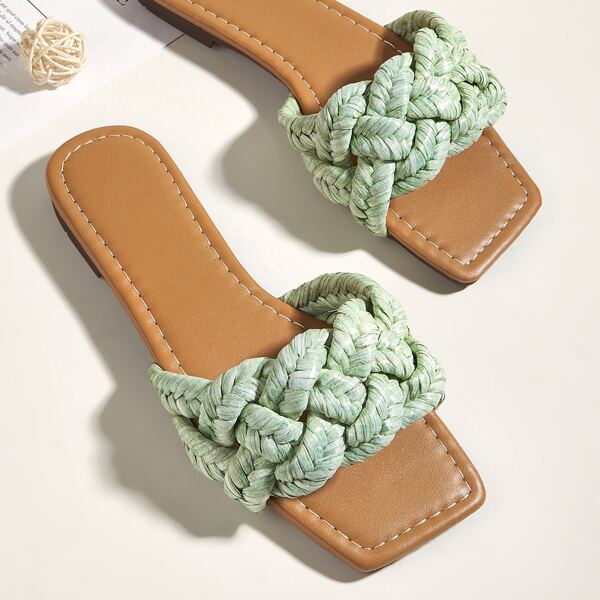 

Braided Detail Flat Slide Sandals, Green