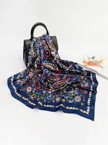 1pc Ladies' Paisley Printed Imitated Silk Bandana, Scarf Suitable For Parties And Daily Wear - Navy Blue - View 3