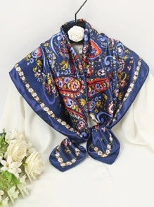 1pc Ladies' Paisley Printed Imitated Silk Bandana, Scarf Suitable For Parties And Daily Wear - Navy Blue - View 4