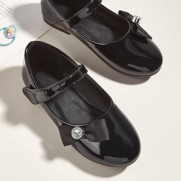 

Girls Bow Decor Velcro Strap Mary Janes, Black