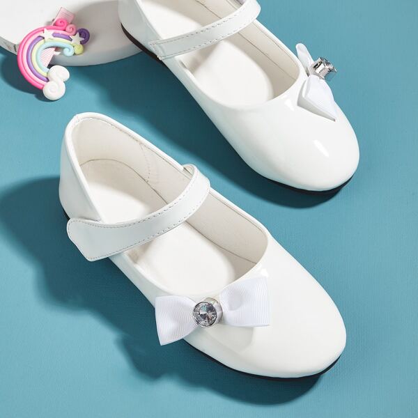 

Girls Bow Decor Velcro Strap Mary Janes, White
