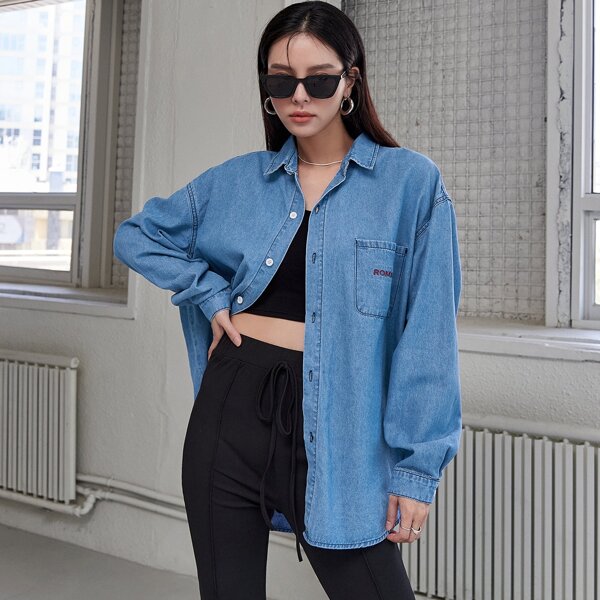 

Letter Embroidered Drop Shoulder Blouse, Medium wash