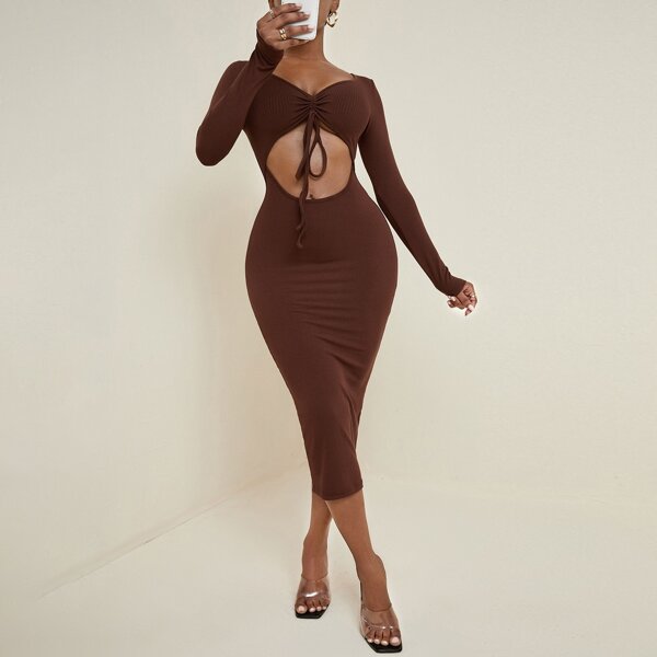 

Cut Out Drawstring Front Bodycon Dress, Coffee brown