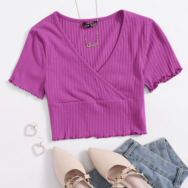 

Surplice Neck Rib-knit Solid Tee, Red violet