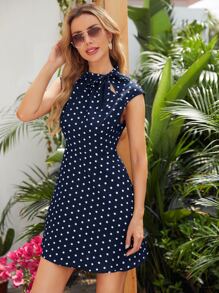 SHEIN Clasi 繫帶領波卡圓點洋裝 - 藏蓝色 - 查看 1
