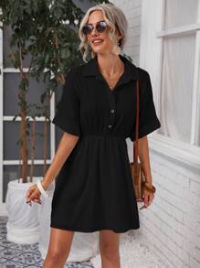 SHEIN Cuffed Sleeve Smock Dress - Black - View 1