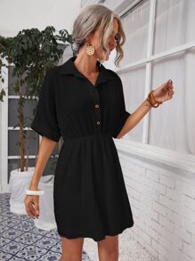 SHEIN Cuffed Sleeve Smock Dress - Black - View 3