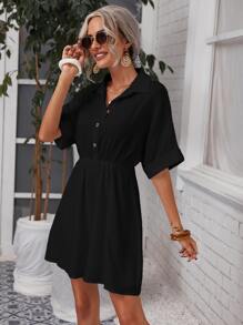 SHEIN Cuffed Sleeve Smock Dress - Black - View 5