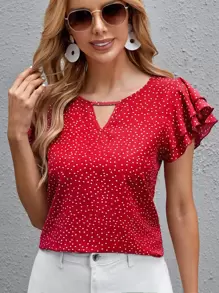 SHEIN Clasi Áo sơ mi phân lớp Chấm bi Thanh lịch - Đỏ - Xem 4