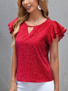 SHEIN Clasi Áo sơ mi phân lớp Chấm bi Thanh lịch - Đỏ - Xem 5