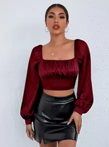 SHEIN BAE Top de satén corto de manga farol de busto con fruncido - Burdeos - Ver 1