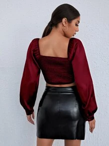 SHEIN BAE Top de satén corto de manga farol de busto con fruncido - Burdeos - Ver 2