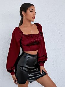 SHEIN BAE Top de satén corto de manga farol de busto con fruncido - Burdeos - Ver 5