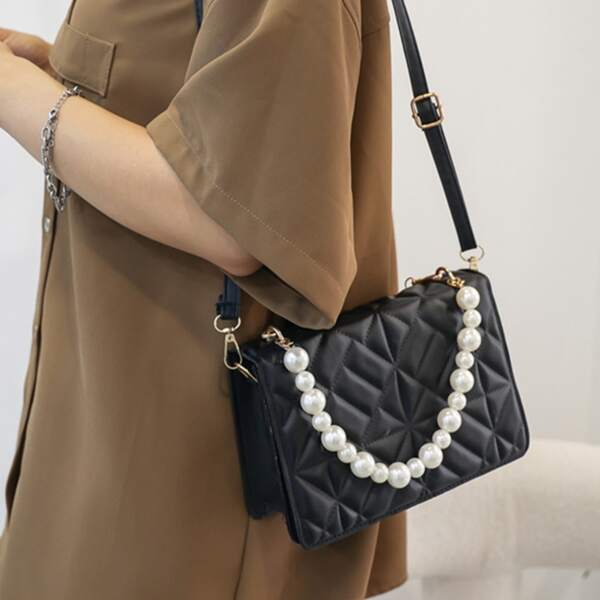 

Solid Quilted Faux Pearl Decor Square Bag, Black