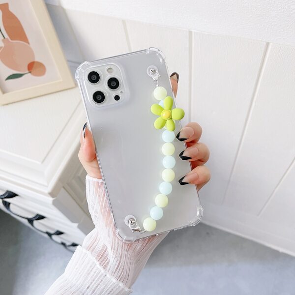 

Clear Phone Case With Flower Decor Beaded Hand Strap, Multicolor