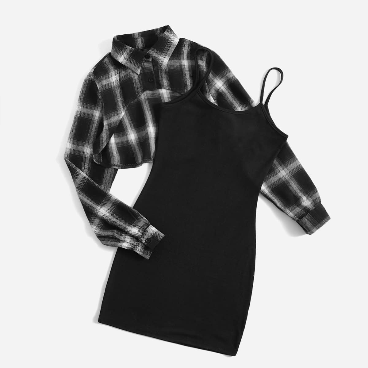 

Plaid Print Crop Blouse & Cami Dress, Black and white