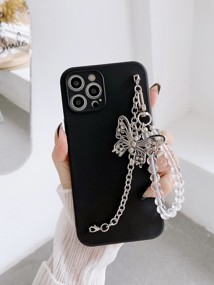 Butterfly Crystal Pendant Metal Chain Bracelet Phone Case Compatible With IPhone 15 Pro Max - Black - View 3