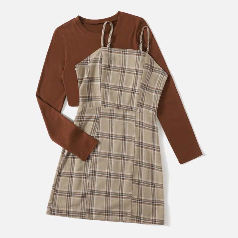 

Solid Crop Tee & Plaid Cami Dress, Multicolor