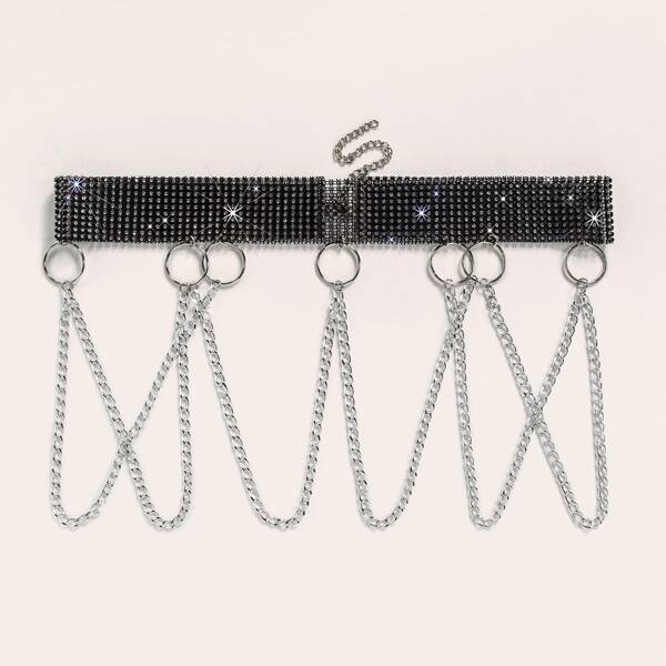 

Rhinestone & Chain Decor Corset Belt, Black