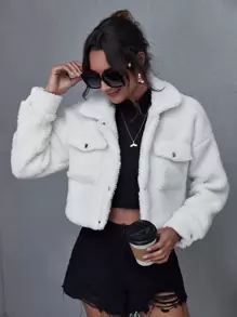 Flap Pocket Drop Shoulder Teddy Jacket - White - View 1