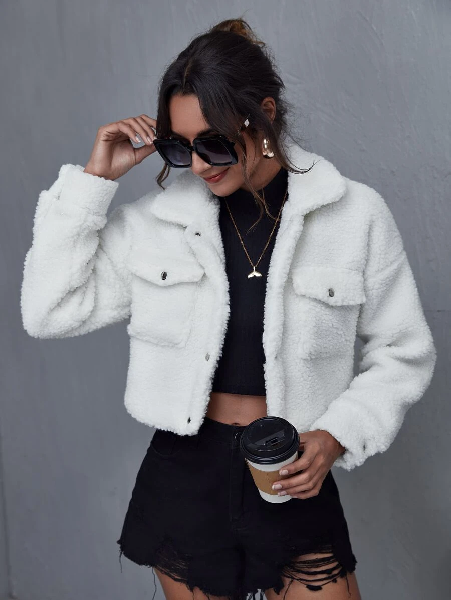 Flap Pocket Drop Shoulder Teddy Jacket - White - View 1